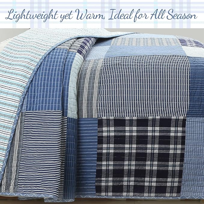 Cozy Line Home Fashions Plaid Patchwork Bedding Quilt Set, Navy Blue 100% Cotton Reversible Coverlet Bedspread for Kids Teen Boy (Craver, Queen - 3 Piece)