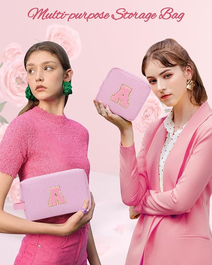 MONSTINA Personalized Initial Makeup Bag for Women,Monogram Make Up Case for Girlfriend Bridesmaid Wife,Birthday Gift for Her Cute Toiletry Bag,2PCS,Pink E