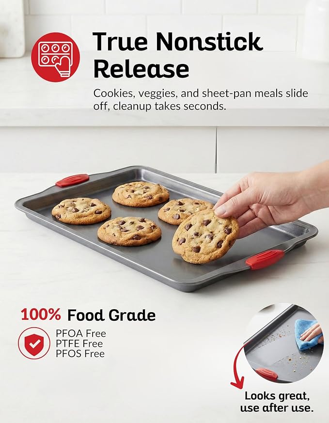 Premium Nonstick Baking Sheet Pans – Set of 3, Heavy-Gauge Carbon Steel, Warp, Dent, and Rust-Resistant – Gourmet Rimmed Half Cookie Sheet Trays, Non-Toxic for Exceptional Baking Performance