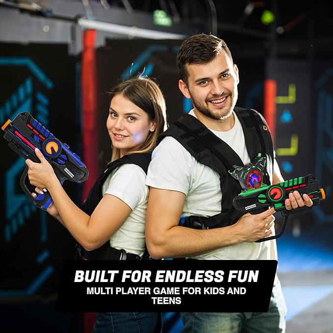 ArmoGear Set of 4 Laser Tag Guns with Vests - Laser Tag Set for Kids and Adults - Toy Guns with 150 ft Range, Night Vision, Invisibility Mode - Battery Operated - Multiplayer Outdoor Game for Ages 8+