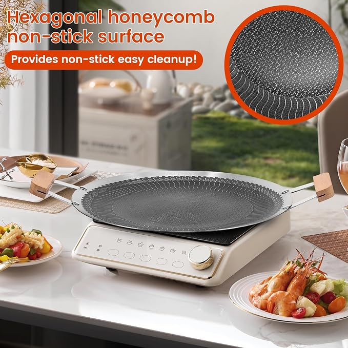 Korean Style BBQ Grill Pan, Portable Non Stick Stainless Steel BBQ Griddle Pan with Handle, Honeycomb Round Stovetop Grill for Outdoor Camping Gathering