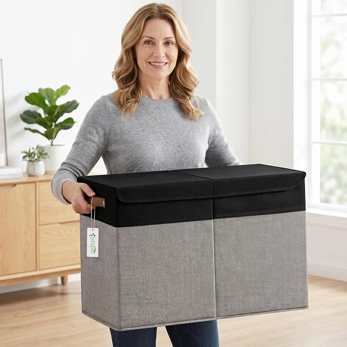 Large Toy Storage Box with Lids, Collapsible Sturdy Baby Storage Organizer Chest Bin Basket for Kids, Boys, Girls, Playroom, Nursery, Bedroom, Closet 25"x13"x16" (Gray and Black)