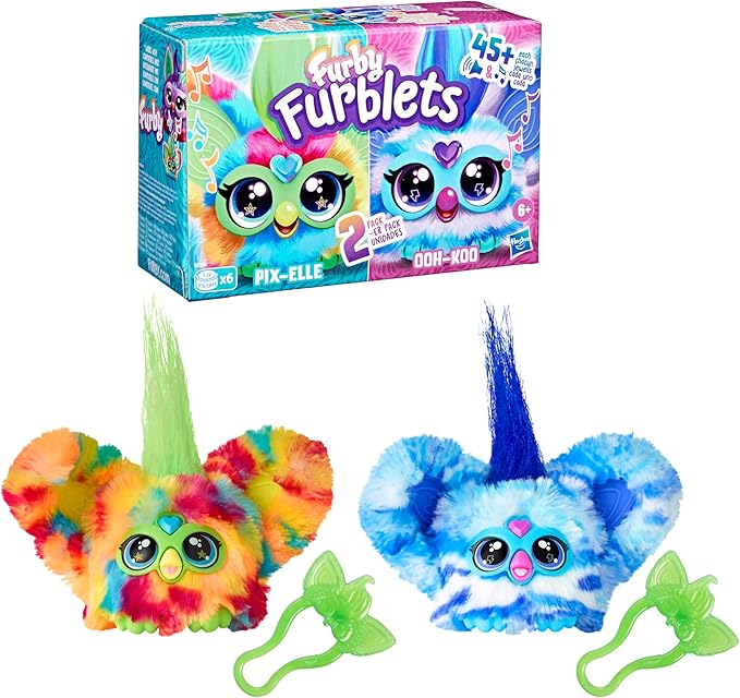 Furby Furblets 2-Pack, Mini Friends Pix-Elle & Ooh-Koo, 45+ Sounds Each, Music & Speaks Only Furbish, Electronic Plush Toys, Multicolor & Blue/White, Back to School Gifts, Ages 6+ (Amazon Exclusive)