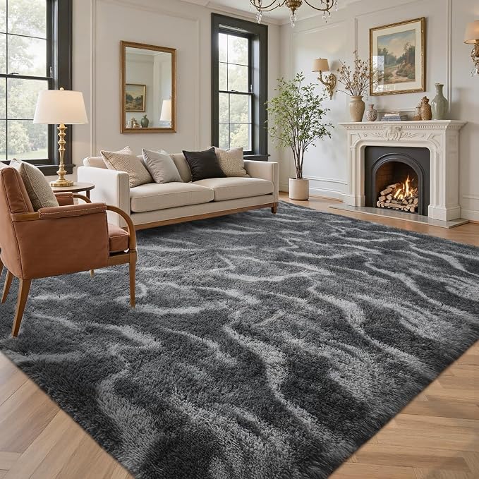 Area Rugs for Living Room 8x10 Feet, Soft Fluffy Shagg Plush Bedroom Rug Non-Slip,Large Carpet for Nursery Kids Dorm Home Decor Wavy Grey
