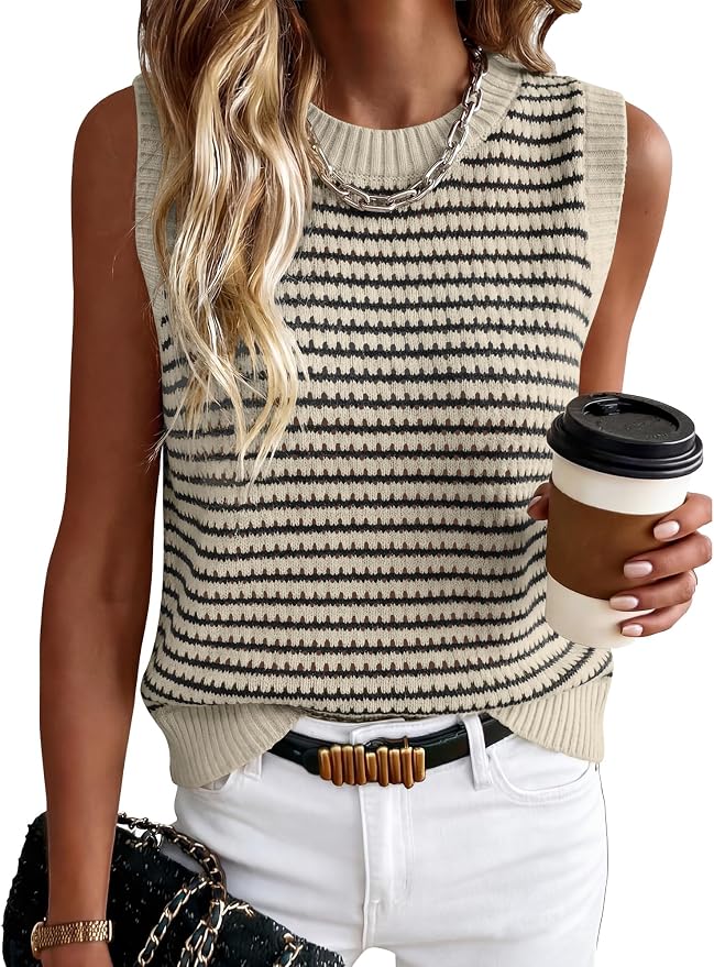 ANRABESS Womens Sleeveless Sweater Vest Striped Tank Tops | Crochet Knit Crew Neck, Lightweight Soft Comfy, Vacation Travel Work Casual Outfits, Sping Summer Layering Clothes