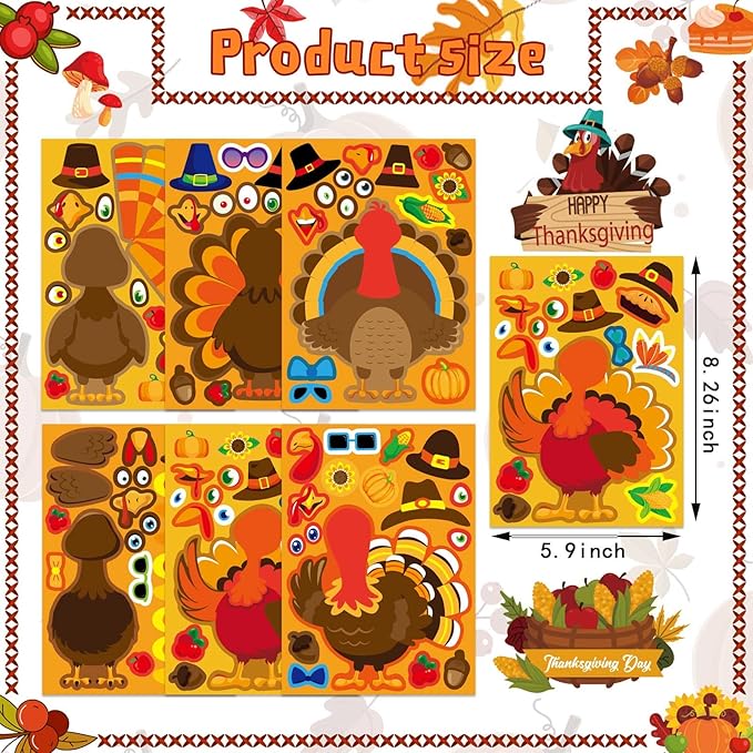 Make a Turkey Stickers 24PCS Thanksgiving Stickers for Kids Turkey Face Sticker Make Your Own Turkey Sticker Thanksgiving Party Favors DIY Crafts Stickers Classroom Teacher Reward