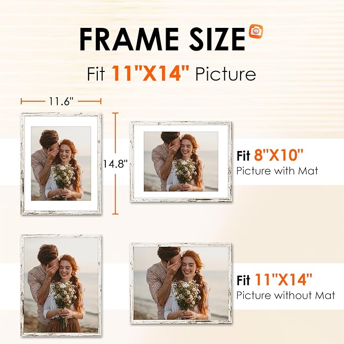 FIXSMITH 11x14 Picture Frame 2 Pack, Distressed White Photo Frame with HD Plexiglass, Display Pictures 8x10 with Mat or 11x14 Without Mat, Distressed White Picture Frames Collage Wall Decor, Gallary Wall Frame
