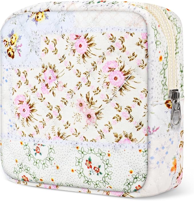 Likesing Quilted Period Bag, Period Pouches for Teen Girls Womens, Portable Floral Print Sanitary Napkin Storage Bag Feminine Emergency Tampon Pad Pouch(Blue Floral Clash)