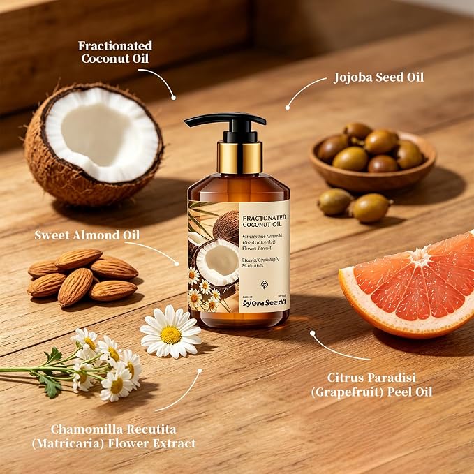 Organic Fractionated Coconut Oil Body Massage Oil with Sweet Almond & Chamomile – Lightweight, Non-Greasy, Relaxing Muscle Massage & Skin Moisturizer, 250 ml / 8.45 oz