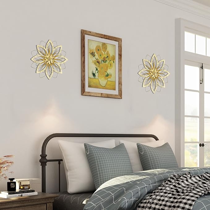 Remenna Metal Flowers Wall Decor, Metal Rustic Wall Art Decoration Farmhouse Wall Decorations Multiple Floral Hanging Decor for Bathroom Living Room Home Office Garden Kitchen (Rustic Gold - 2)
