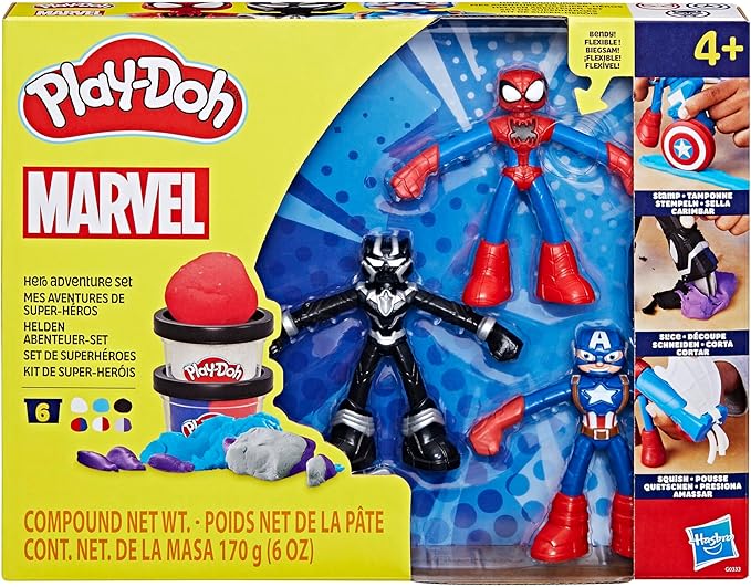 Play-Doh Marvel Hero Adventure Playset, 3 Marvel Action Figures with Wearable Tools, Black Panther, Captain America & Spider-Man Imagination Toys for Boys and Girls Ages 4 and Up