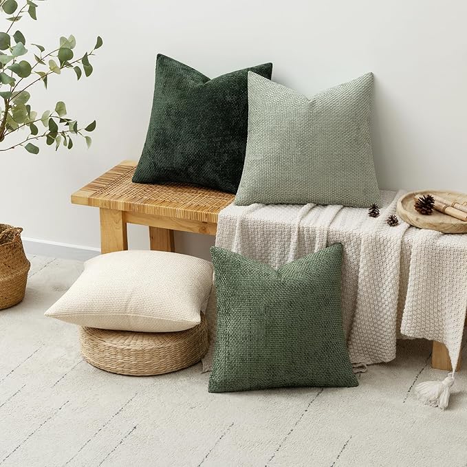 MIULEE Soft Decorative Chenille Euro Pillow Covers Green 22x22 Pack of 4 | Nordic Home Decor, Nature-Inspired Green Set, Couch Throw Pillows, Farmhouse Boho Cushion Covers for Sofa Bed Living Room
