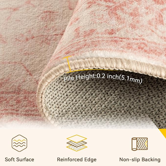 RELEANY Area Rugs Round 4ft Washable Non-Slip, Floral Vintage Distress Medallion Carpet for Living Room Bedroom Dining Room, Pink Light Vintage Pink