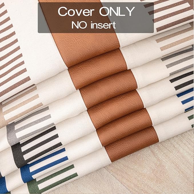 18x18 Inch Pillow Cover - Brown Faux Leather & Black White Striped Cotton Splicing, Same Pattern Both Sides | for Couch Sofa Bed, Farmhouse Industrial Decor