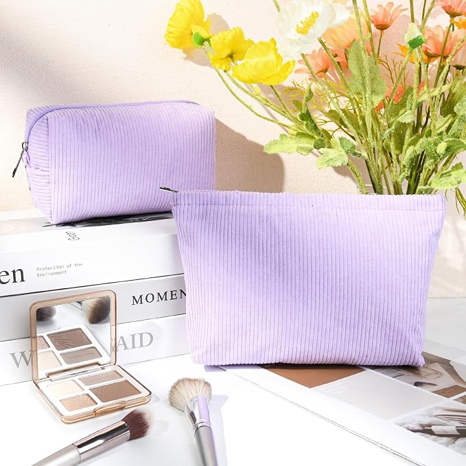 SOIDRAM 2 Pcs Corduroy Makeup Bag Large Cosmetic Bag Toiletry Bag Makeup Pouch Travel Bag Organizer Cute Makeup Brushes Aesthetic Accessories Storage Bag for Women Purple