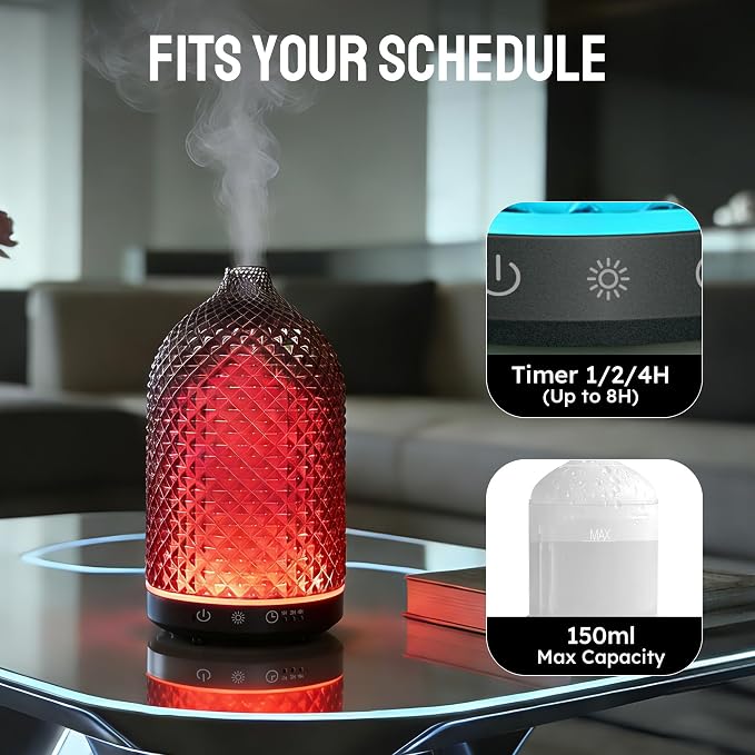 Essential Oil Diffuser 150ml, Glass Diffuser with Ultrasonic Small Humidifier, 7 Color Lights, 1/2/4H Timer, Quiet Auto Shut-Off Oil Diffuser for Bedroom, Home, Office (Black)