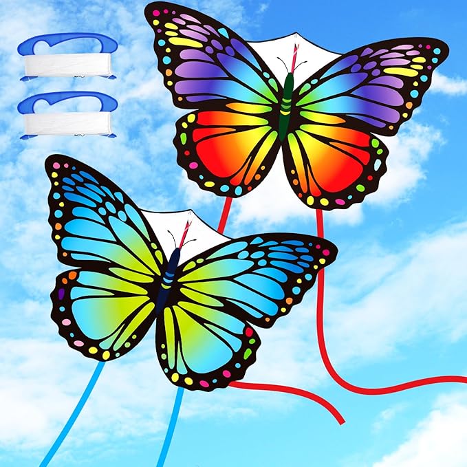 Silipull 2 Pcs Butterfly Kite 55" x 28" Large Kites with 328ft Kite String Beach Colorful Kites for Adults Beginner Outdoor Supplies (Rainbow and Blue)