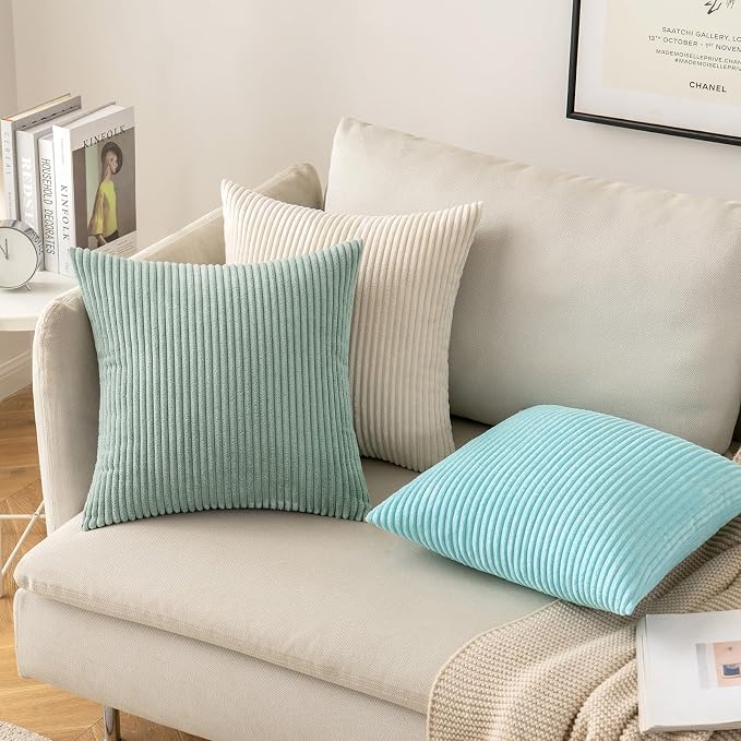 MIULEE Soft Corduroy Throw Pillow Covers Set of 2 20x20 Greyish Green | Decorative Striped Textured Cushion Cases, Boho Natural Greenery Pillowcases, Home Decor for Couch Chair Sofa Living Room