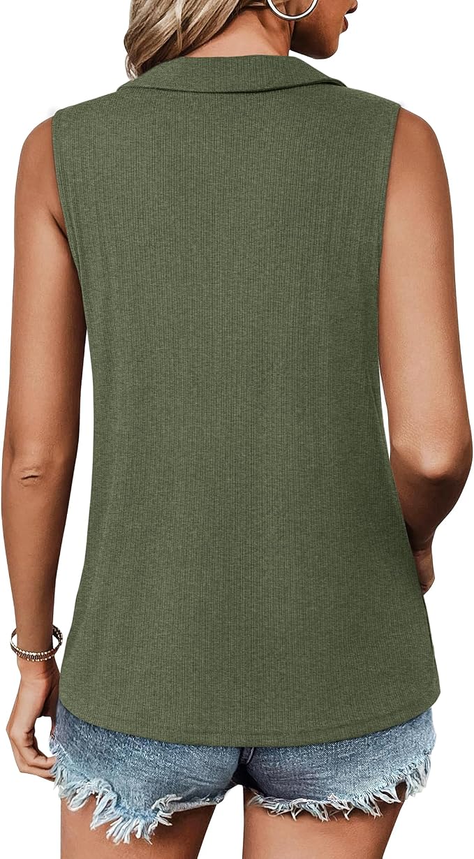 Vivilli Womens Ribbed Tank Top Zipper V Neck Dressy Casual Blouses Sleeveless Camisole Tops Work Tank Polo Shirts