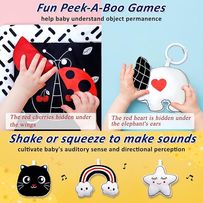 Poycuna Black and White Baby Gym Play Mat with 6 Toys Tummy Time Activity Mat for Babies 0-6 6-12 Months High Contrast Baby Gyms & Playmats Sensory Toys Newborn Brain Development Infant Play Mat