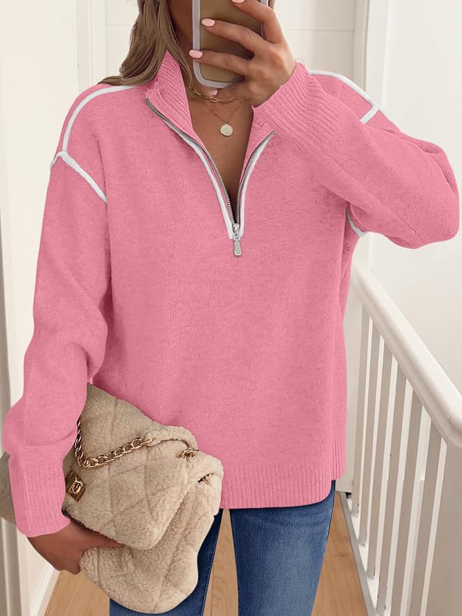 ANRABESS Womens Quarter Zip Sweaters Fall Long Sleeve V Neck Shirts Collared Business Casual Tops Knit Pullover Sweatshirts
