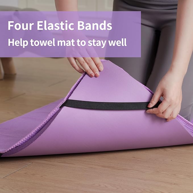 MICROFI Microfiber Hot Yoga Towel Mat, 24 x 72 inches, with Non-Slip Silicone Grip, Secure Fit Elastic Straps (Purple)