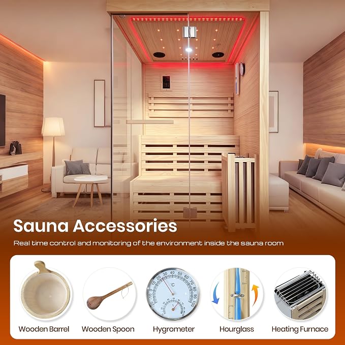 OUTEXER 2-3 Person Steam Sauna Traditional Saunas Home Spa Room Wet Indoor Saunas 7 Color LED Lights with 240V 3KW Heater,Sauna Stone,Wooden Bucket,Spoon,Thermometer,Hourglass,Cup Holder