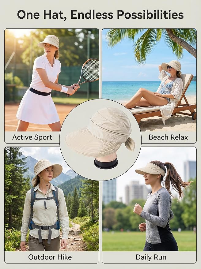 2-in-1 Women’s Sun Visor Sun Hat Zipper Off Ponytail Friendly, Lightweight Quick Dry, Summer UV Protection