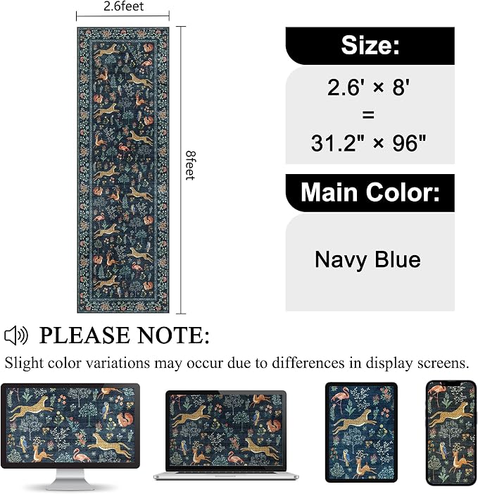DUKINO 2.6x8 Rug for Hallway, Washable Kitchen Rugs Non Slip, Navy Blue | Low Pile, Stain Resistant, Soft Animal Indoor Carpet Runner for Entryway, Bedroom, Bathroom, Laundry, Lightweight, Home Decor