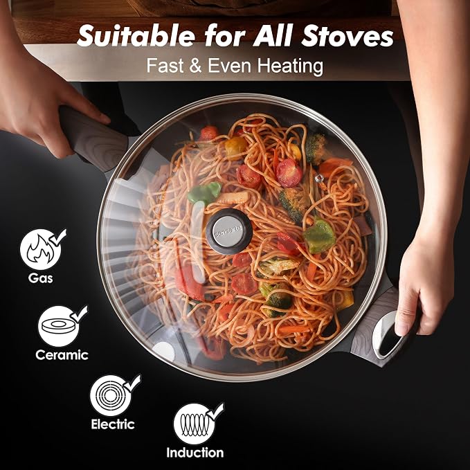 SENSARTE 12.5inch Nonstick Frying Pan Skillet with Lid, Black | Non Stick Pan Omelette Pans with Cover, Healthy Kitchen Cooking Chef's Pan with Cover, PFOA/PFOS Free, Induction Compatible