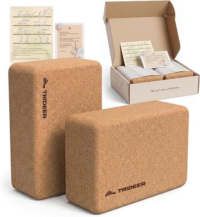 Trideer Cork Yoga Blocks, 2 Pack Yoga Blocks Natural Cork, High Density Yoga Block with Non Slip Surface, Eco-Friendly Yoga Accessories for Women, Ideal for Yoga, Pilates, Stretching