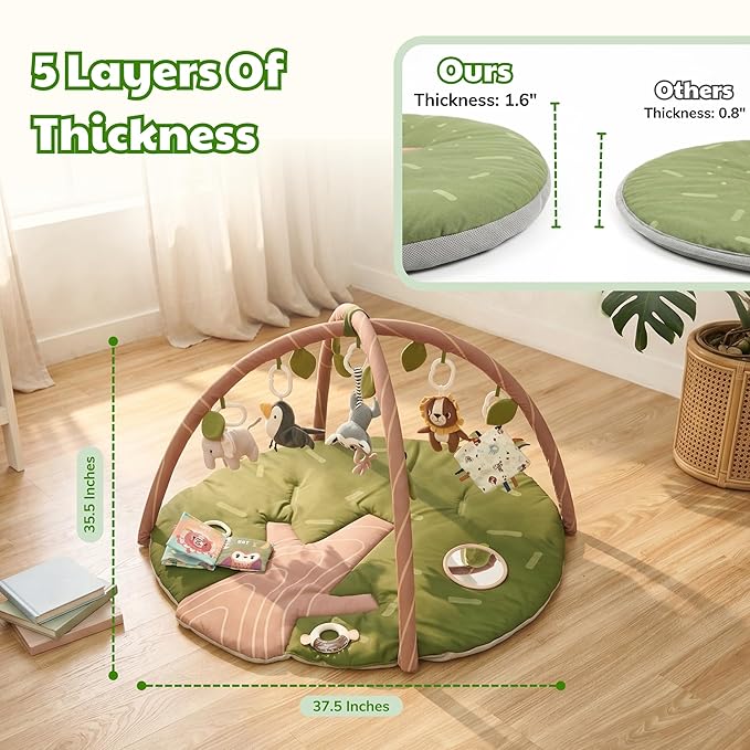 Baby Play Gym and Activity Mat for Newborn 0-6-12 Months | Extra Large Tummy Time Mat with 8 Removable Sensory Toys | Infant Play Mat for Boys & Girls | Jungle Safari Nursery Decor – 35" x 37"