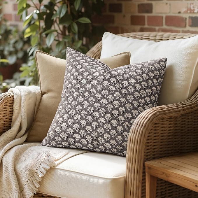MIULEE Floral Print Decorative Euro Pillow Covers 22x22, Stone Grey | Vintage Boho Farmhouse Modern Home Decor, Set of 2, Block Print Cushion Covers for Couch Sofa Bed Living Room