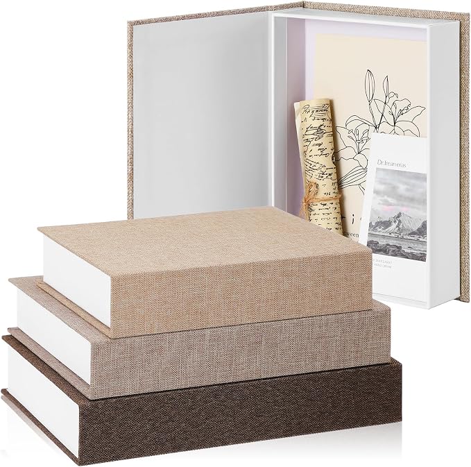 Tioncy 3 Pcs Decor Linen Faux Book Box Set Aesthetic DIY Fake Linen Book Box for Decor Storage Cafe Table Bookshelf Gift Home Keepsake(Multi Sizes,Khaki, Dark Coffee, Light Coffee)