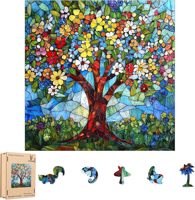 Ixfyloop Stained Glass Wooden Puzzles for Adults, Tree of Life Jigsaw Puzzles, Colorful Flower Adults Puzzles 500 Pieces, Best Festival Gifts for Family Game, 15.9x15.9 inch
