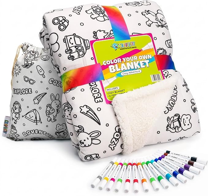 Craftikit Cozy Coloring Blanket for Kids & Adults -15 Markers | 40" x 60", Fabric Markers Included, Permanent Vibrant Sherpa Fleece Design, Ages 3+, Machine Washable, Gift Wrapped