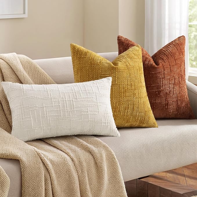 decorUhome Textured Chenille Throw Pillow Covers 24x24 Set of 2 Rust | Fall Modern Farmhouse Soft Cozy Slubby Couch Pillow Cases Boho Decorative Pillow Cases for Bed Sofa Living Room Home Decor