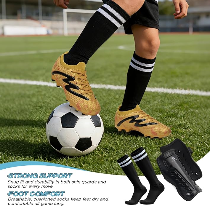 brooman Kids Firm Ground Soccer Cleats Boys Girls Football Shoes with Shin Guards and Soccer Socks