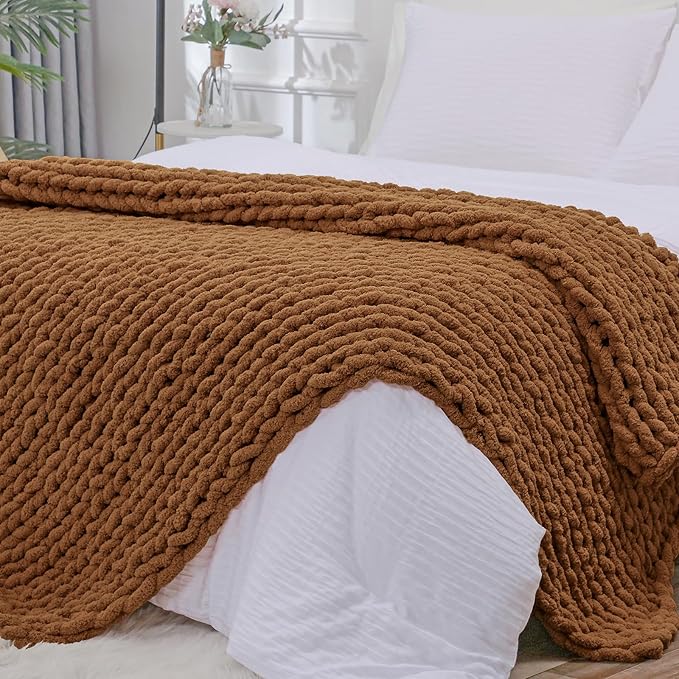 Bigacogo Chunky Knit Throw Blanket for Couch, 40x80 inches, Caramel | Hand Knit with Jumbo Chenille, Soft Breathable Cable Knit for Sofa Bed Living Room, Machine Washable, Gift for Mom Friend