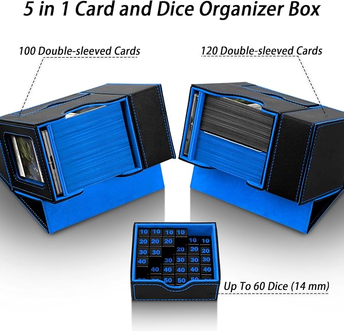 MTG Deck Box for Commander Display with Dice Tower, Fits 100 Double Sleeved Cards for TCG/PTCG, Cards Storage Case with Dice Tray and 35PT Magnetic Card Holder (Black/Blue)