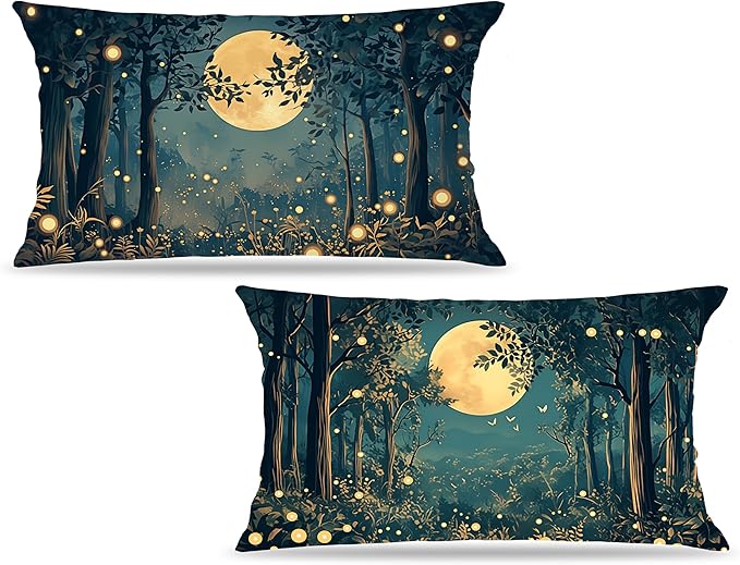 Rustic William Morris Inspired Night Moon Forest Decor Pillow Covers 20x12 Set of 2,Vintage Black and Gold Landscape Nature Botanical Decorative Throw Pillow Covers for Home Bedroom Living Room