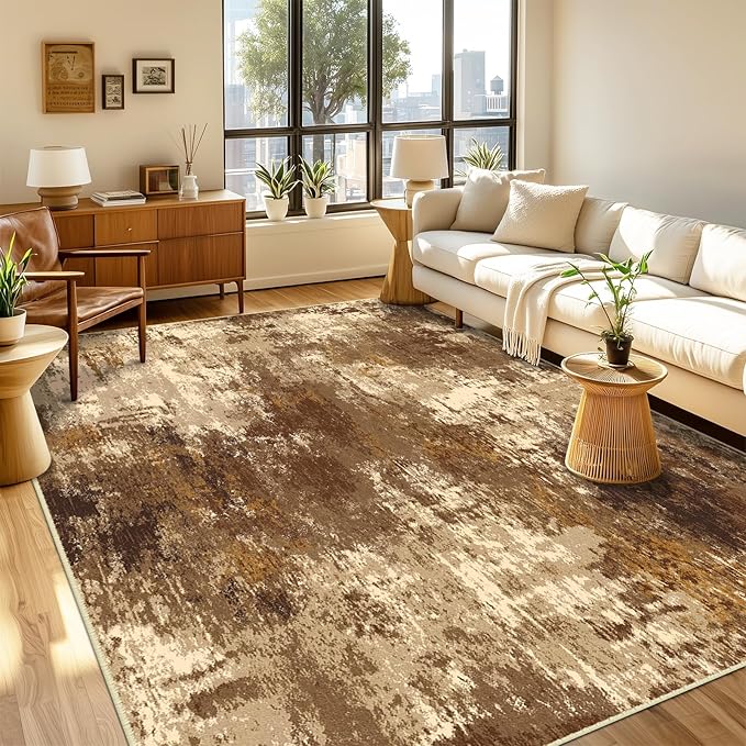 RELEANY Washable Runner 2'x6' Abstract Area Rug for Hallway Brown Tan | carpet for kitchen, entryway, bathroom, living room, bedroom, printed pattern, non-slip, soft, stain-resistant, easy to clean