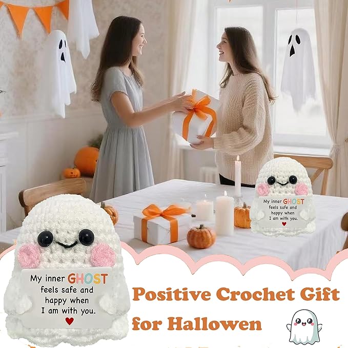 Halloween Handmade Emotional Support Crochet Positive Ghost Crochet Animals Emotional Support Crochet Gift,Inspiring Gifts for Him Her,Men Women, Colleague Son