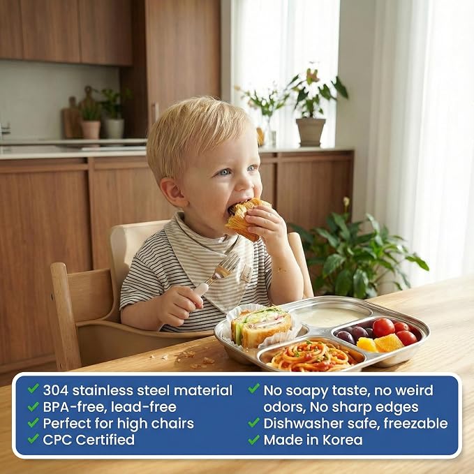 Korean Stainless Steel Non-Toxic Divided Plates for Toddlers & Kids 2-Pack | Premium 304 electro-polished stainless steel, no black residue, BPA-free tray for babies healthy & balanced meals