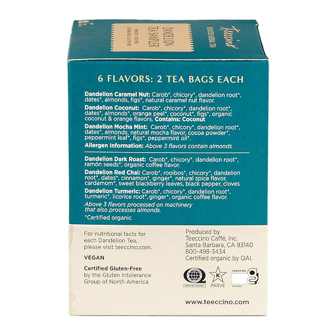 Teeccino Dandelion Tea Sampler - 12 Tea Bags - Caramel Nut, Coconut, Dark Roast, Mocha Mint, Red Chai, Turmeric - Caffeine-Free, Roasted Herbal Tea with Prebiotics, Gluten-Free