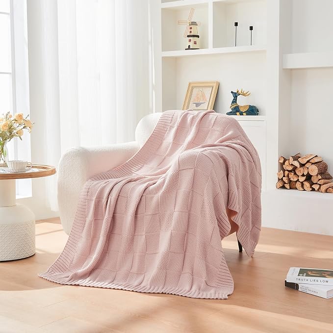 CozeCube Pink Knitted Checkered Throw Blanket 50"X60" | Check Knit Throw for Couch, Decorative Christmas Soft Cozy Warm Blanket for Bed Sofa Living Room