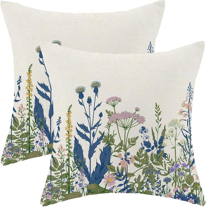AEIOAE Navy Blue Teal Pillow Covers 20x20 Inch Set of 2, Spring Wildflower Plant Throw Pillows Case,Seasonal Floral Outdoor Decorative Flowers Farmhouse Decor Cushion Covers for Home Sofa Bed Couch