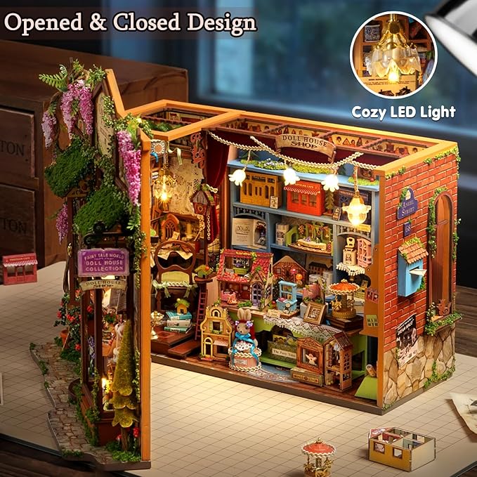 TuKIIE DIY Miniature House Kit with Furniture, 1:24 Scale Creative Room Opened & Closed Wooden Doll House Book Nook Plus Dust Proof for Kids Teens Adults(Dollhouse Shop)