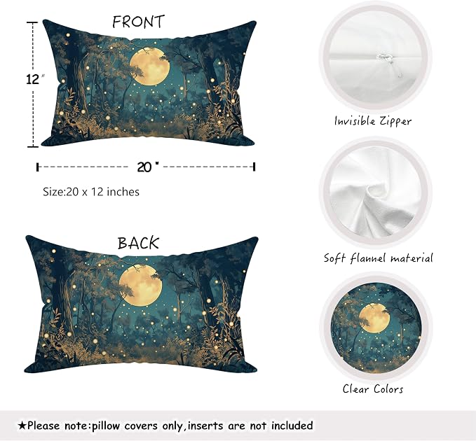 Rustic William Morris Style Night Moon Forest Decor Pillow Covers 20x12 Set of 2,Vintage Black and Gold Landscape Nature Botanical Decorative Throw Pillow Covers for Home Bedroom Living Room