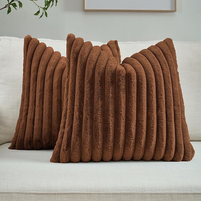 FUTEI Pack of 2 Faux Fur Throw Pillow Covers 20x20 Inch, Rust | Fluffy Faux Rabbit Fur Front/Premium Velvet Back,Hidden Zipper,Machine Washable,Non-Shedding,Colorfast,Insert Not Included.